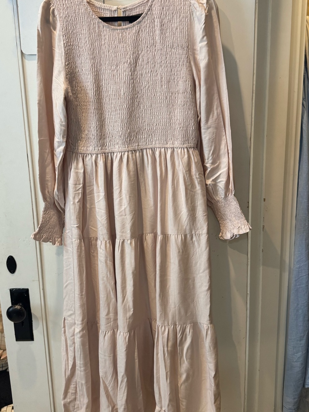 Smocked Bodice Tiered Long Sleeve Dress - Cream
